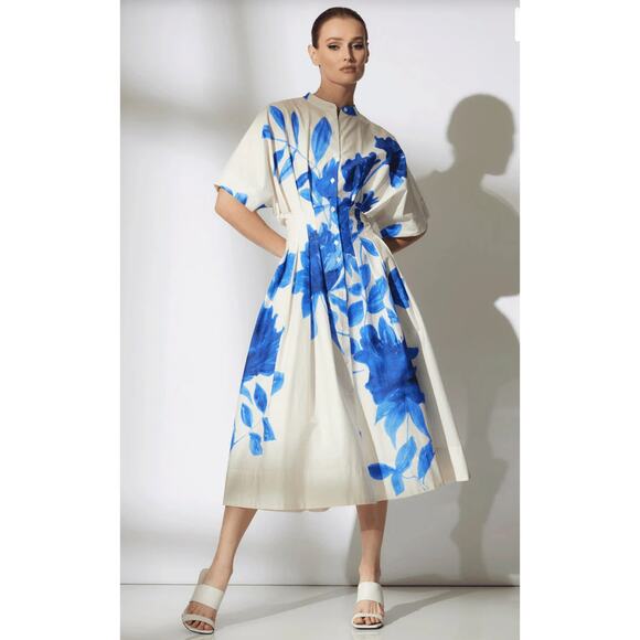 Natori Andora Printed Cotton Poplin Pleated Dress - Size 10 - Picture 1 of 9